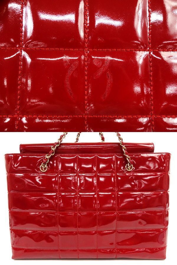 【CHANELシャネル】チョコバー★ココマーク★Wチェーンショルダーバッグ★エナメル★レッド★赤★ハンドバッグ★