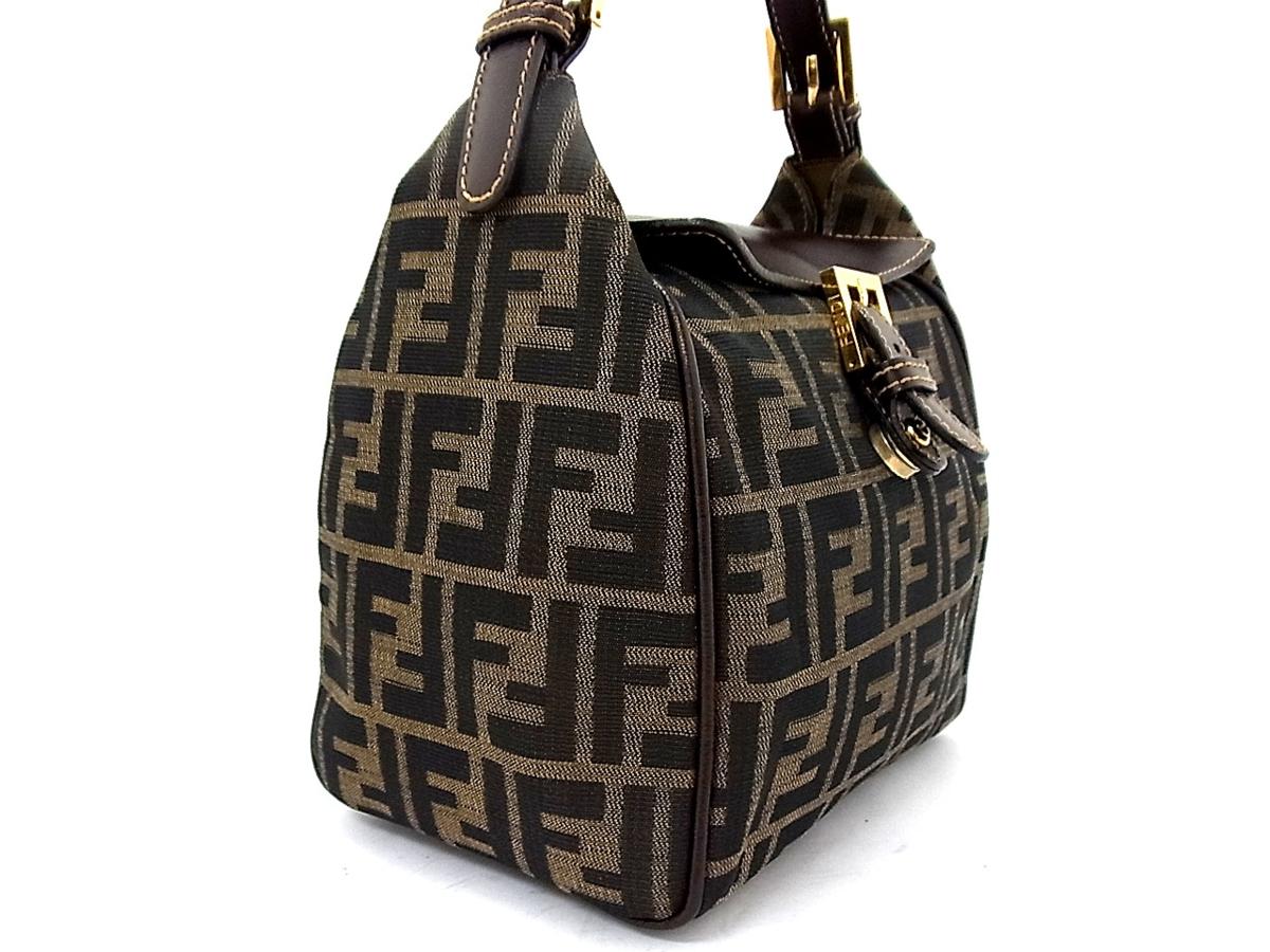 1円 ■極美品■ FENDI フェンディ ズッカ柄 キャンバス×レザー ハンドバッグ レディース ダークブラウン×ベージュ系×ブラック O333KO