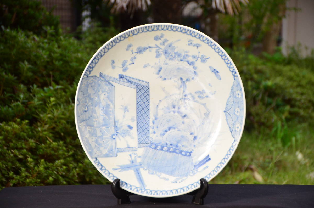 古伊万里 染付 花鳥屏風絵図 大皿 41cm 牡丹 蘭草花文 骨董 江戸期
