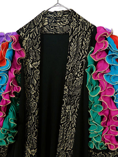 レディースガウン古着 USA製 個性的 派手 衣装 ラッフル フリル 袖 刺繍 黒 ストレッチ 長袖 ガウン 羽織 M位