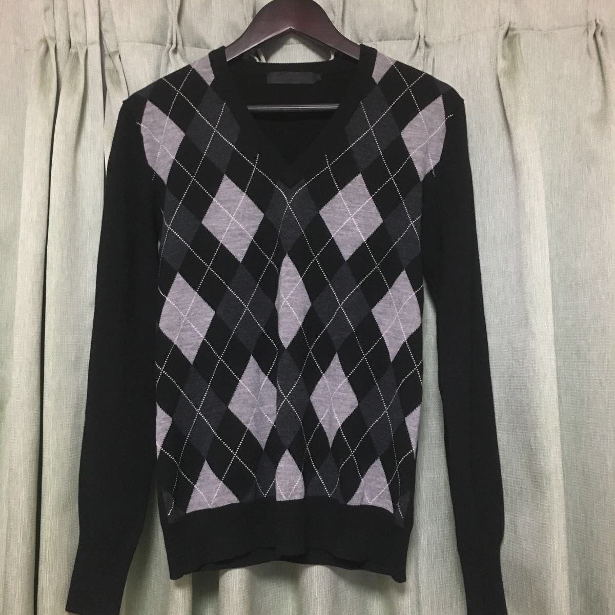 LITHUM HOMME リチウムオム メリノウール Vネックニット アーガイル 46 