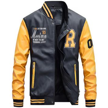 メンズ 新品スタジャン 野球服ライダース レザー革スカジャン バイクジャケット切替アウター 刺繍ブルゾン 四色4XLまであり 黄色袖 M
