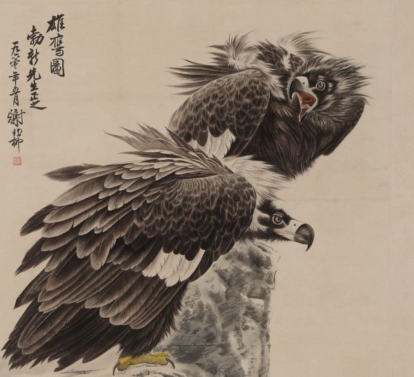 中国美術 中国画 近代画家「謝稚柳 雄鷹図」☆ 肉筆紙本☆掛軸☆