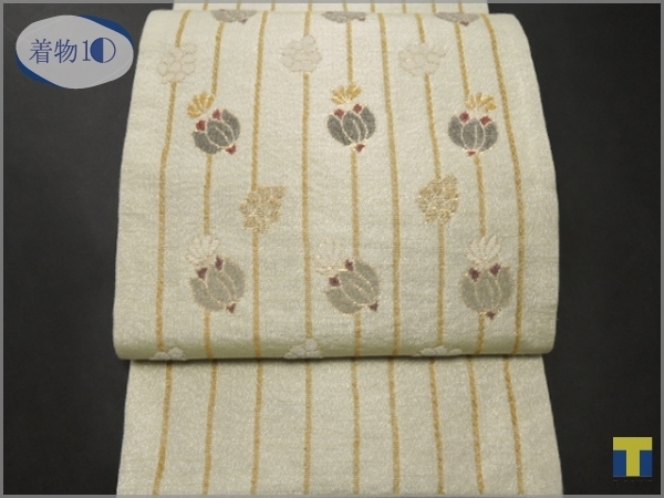 ☆着物10☆ 1円 逸品!! 絹 袋帯 モール織 花のワルツ 縞