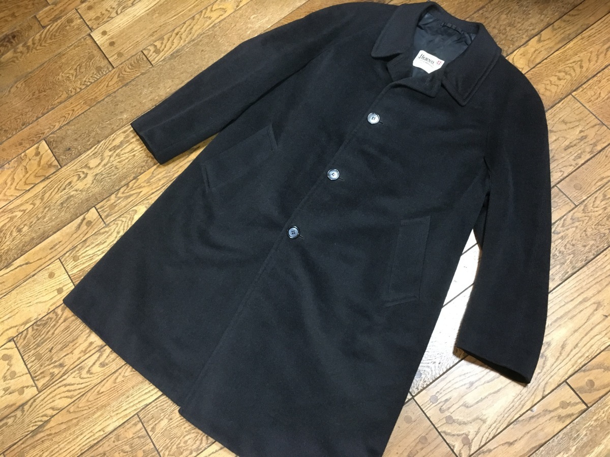 ヘルノ HERNO○カシミヤ ロングコート メンズ50 ブラック 裏地総柄 