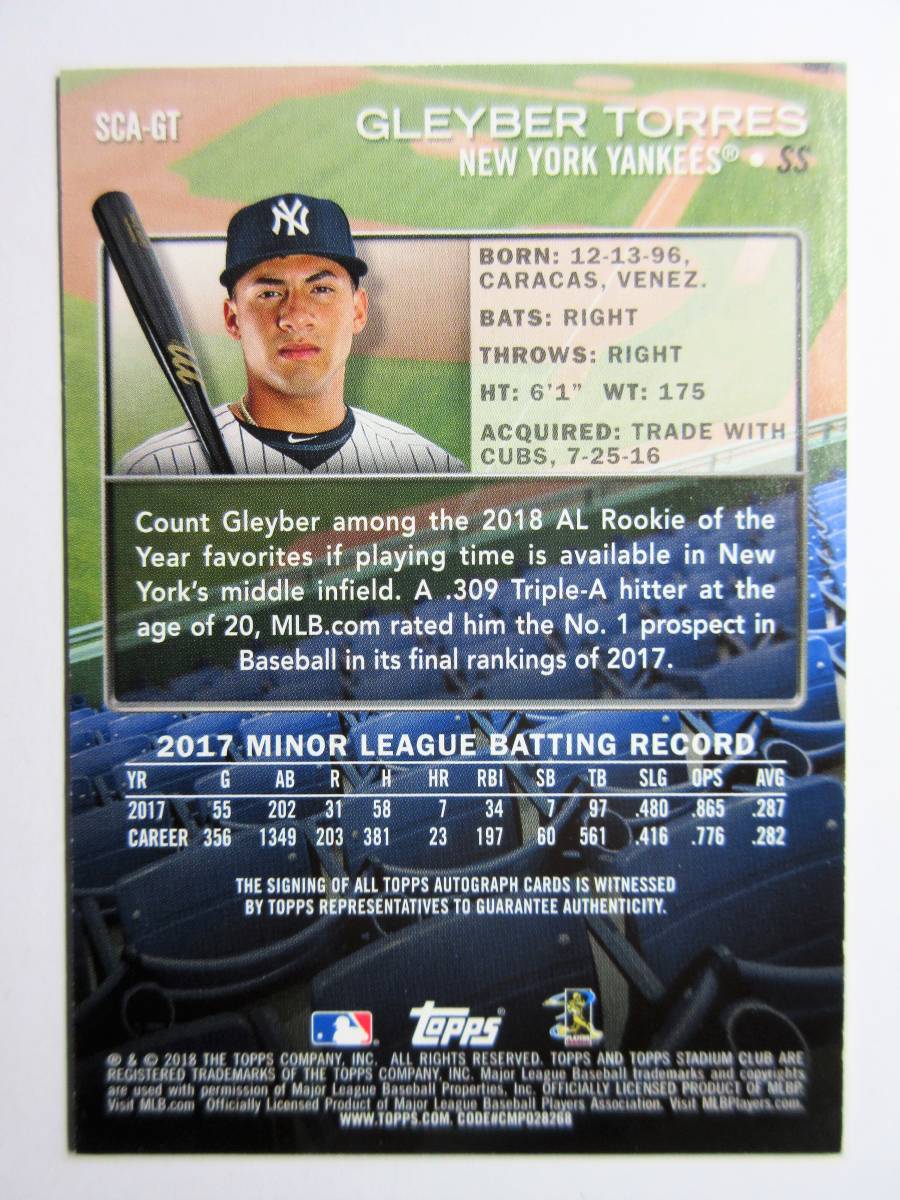2018 Stadium Club Autograph Gleyber Torres RC グレイバー・トーレス サイン ニューヨーク・ヤンキース ルーキー 大谷翔平