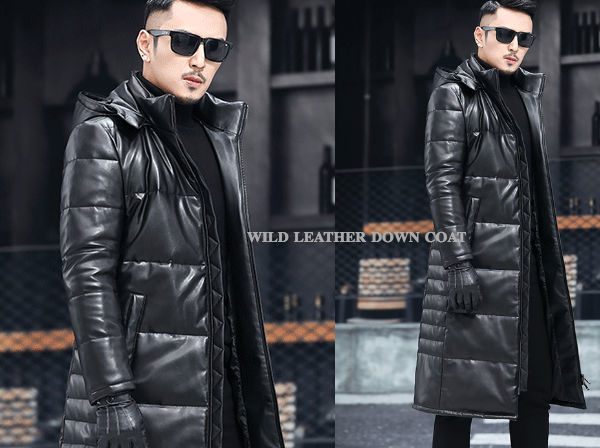 ☆COOL！ A/W 今季シープスキン 本革レザー フード ダウン コート 黒 
