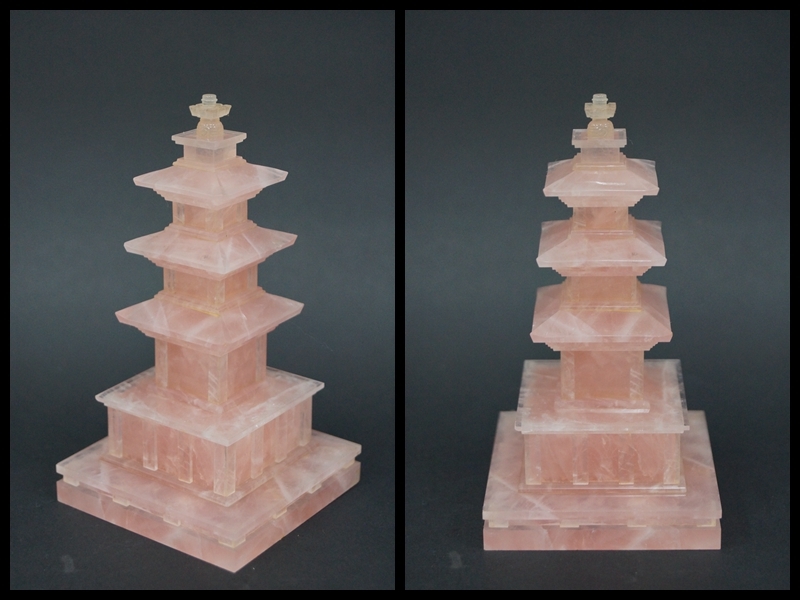 閑寂堂】蔵出時代 天然ローズ水晶『五重の塔』置物 飾り物 重約306g