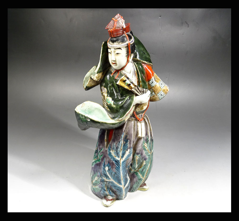 緑屋■i9*c　時代物　古九谷　三番叟　置物　高約29cm　色絵　11284#80