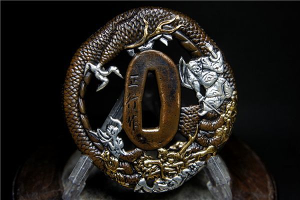 細工唐銅金銀象嵌 龍・神紋鍔 正行作在銘 刀装具 武具 美品71379