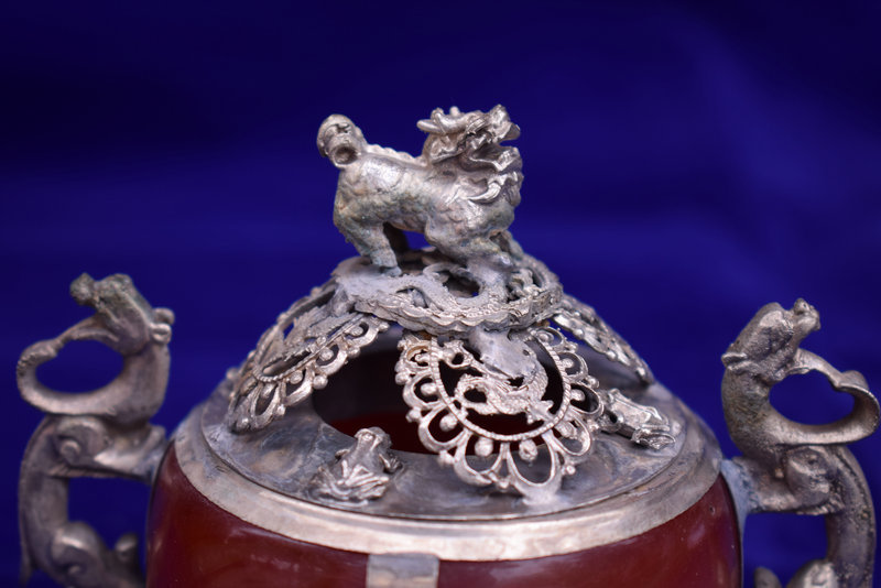 2091 希少　魚文　香炉　時代物 早期收集 稀少 貴石製 包銅 香炉 熏香炉 古仏具 文房置物 收蔵佳品