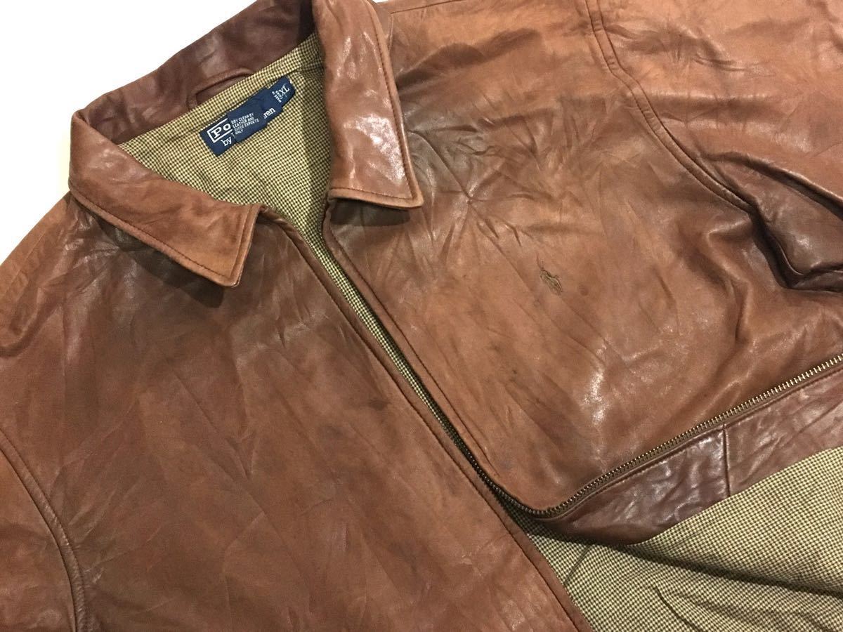 名作 XL POLO Ralph Lauren ポロ ラルフローレン ラムレザー ジャケット 羊革 ポニー 刺繍 高級 レザー ブルゾン 茶色 大きいサイズ