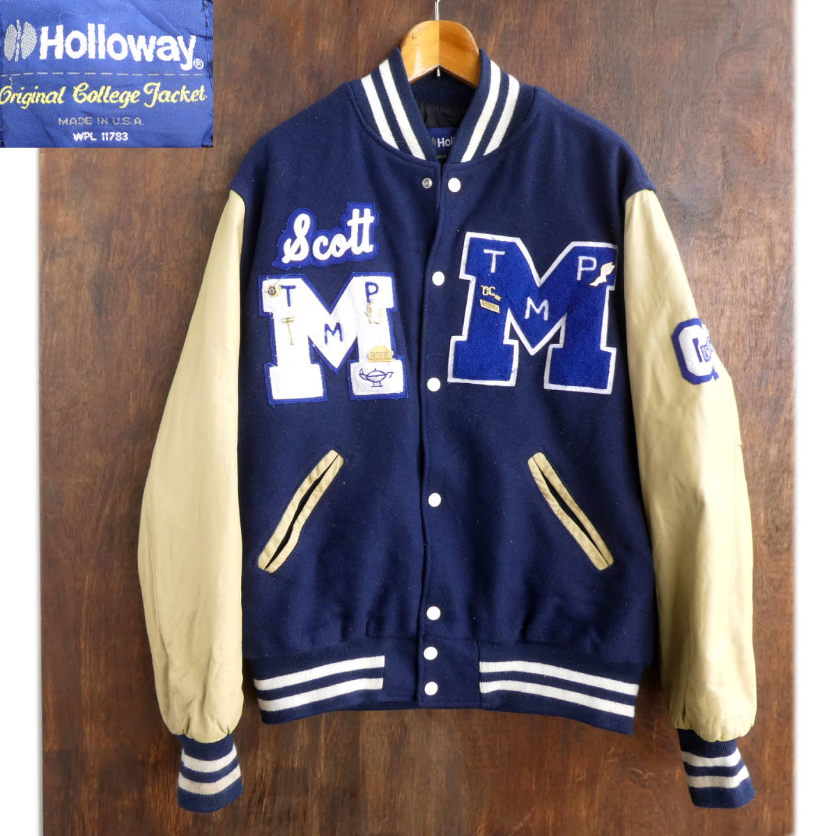 楽一番公式アカウント07　Levi's スタジャン Mサイズ 青/クリーム D1/5.1-1K アメリカ製 Holloway 袖皮スタジャン 切替え 袖レザー