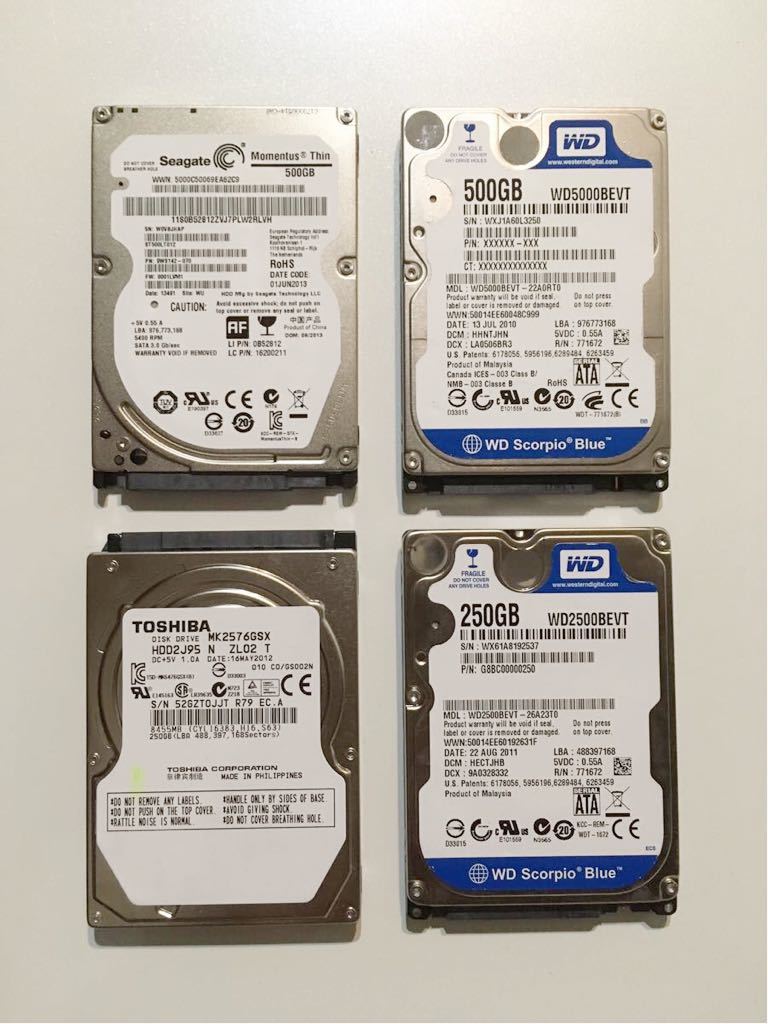 HDD 4個セット (500GB 2個、250GB 2個) SATA 2.5インチ ノート用 中古
