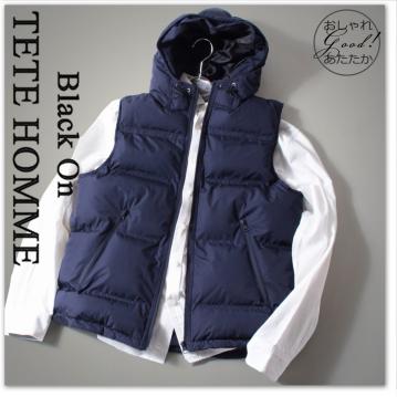 首元までしっかりガード♪【新品】Black on テットオム 正規品【Mサイズ】フード付き 中綿ベストジャケット【紺 無地】定価24.000円 T4461