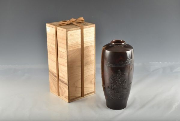 思07640 琢斎 斑紫銅春秋山水文 花瓶（本物保証） 05-03⁄00-