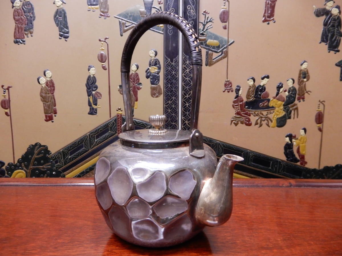 初だし 純銀製 ひしぎ湯沸かし 銀瓶 純銀刻印 690g 茶道具/検古玩骨董