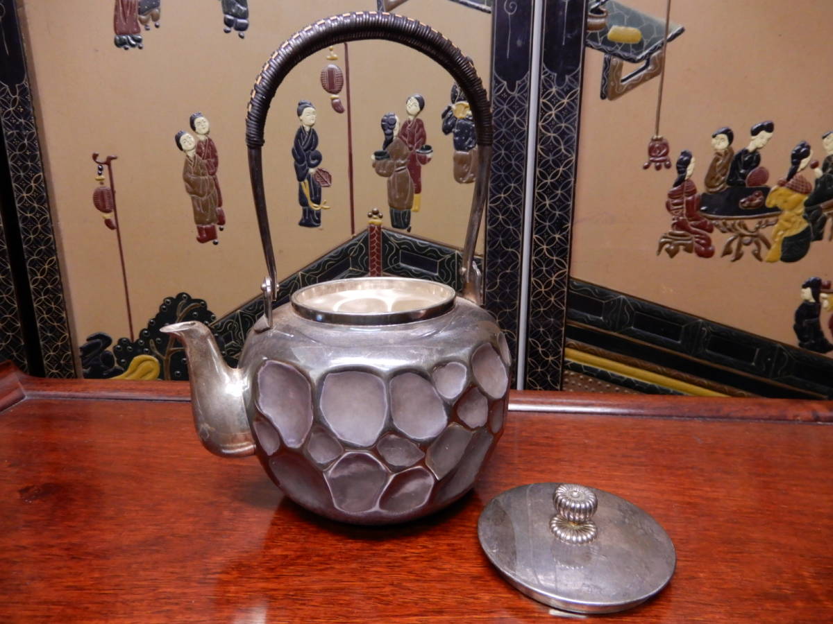 初だし 純銀製 ひしぎ湯沸かし 銀瓶 純銀刻印 690g 茶道具/検古玩骨董