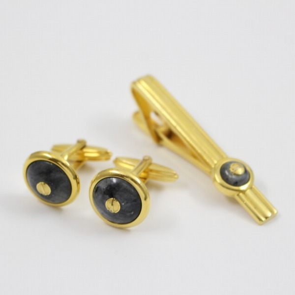 Dunhill ダンヒル ロゴ カフス＆タイピン ゴールド色 グレー系ストーン