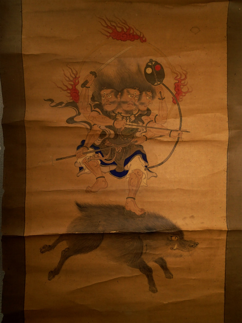 珍品 仏教美術 紙本着色 肉筆仏画 摩利支天像 掛軸 仏像 猪 陽炎 摩利