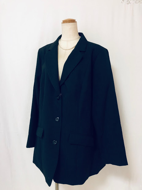 J508新品♪洗えるロング丈ストライプジャケット黒27号オフィス通勤大きいサイズ即決