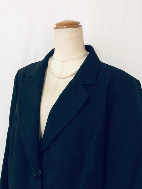 J508新品♪洗えるロング丈ストライプジャケット黒27号オフィス通勤大きいサイズ即決