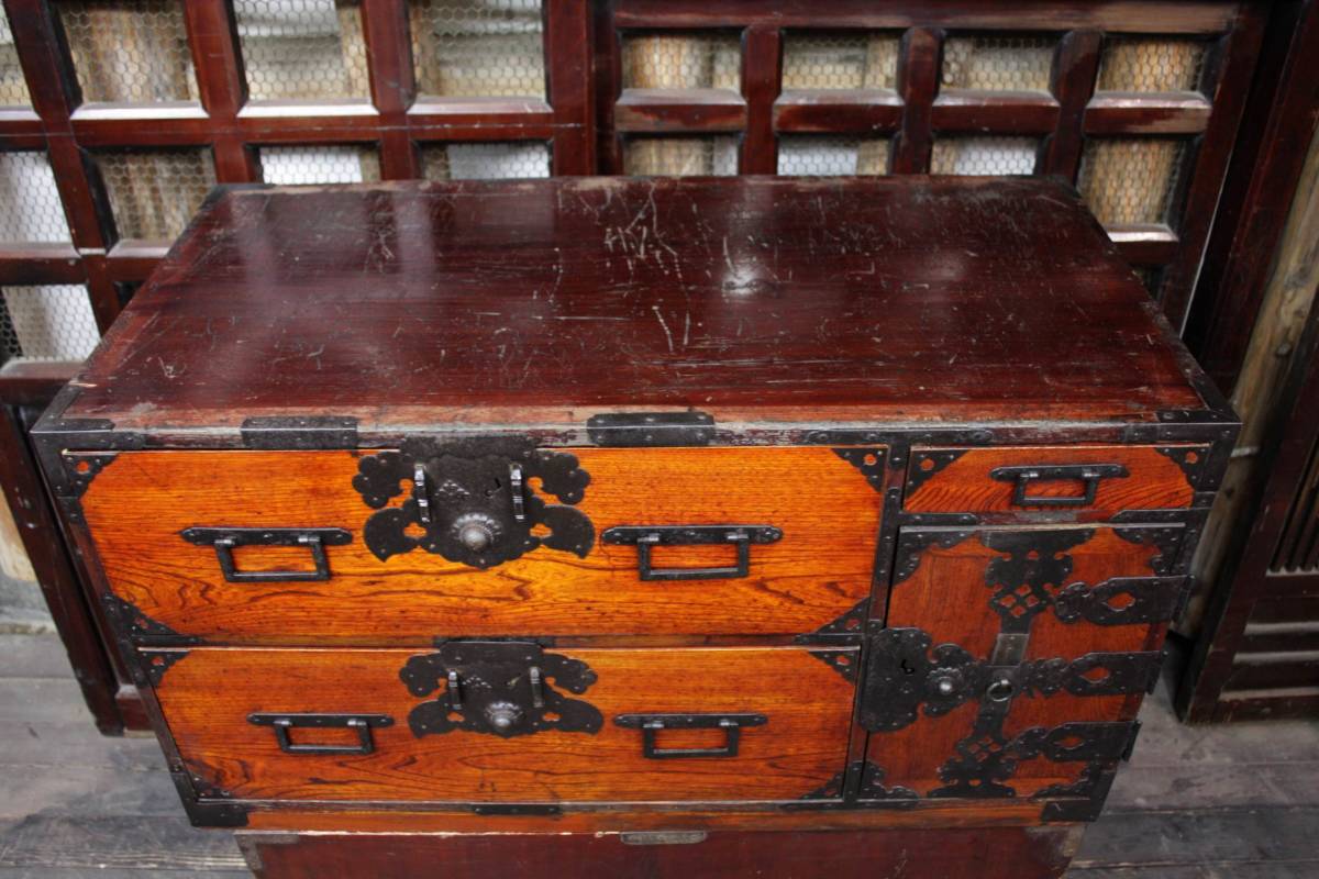 丸金具時代庄内箪笥3段タンス収納古家具古民家時代家具