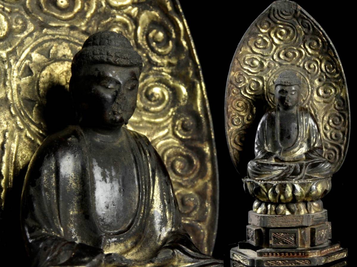 ◇櫟◇ 仏教美術 木彫 釈迦如来像 30cm 鍍金 細密彫 仏像唐物骨董