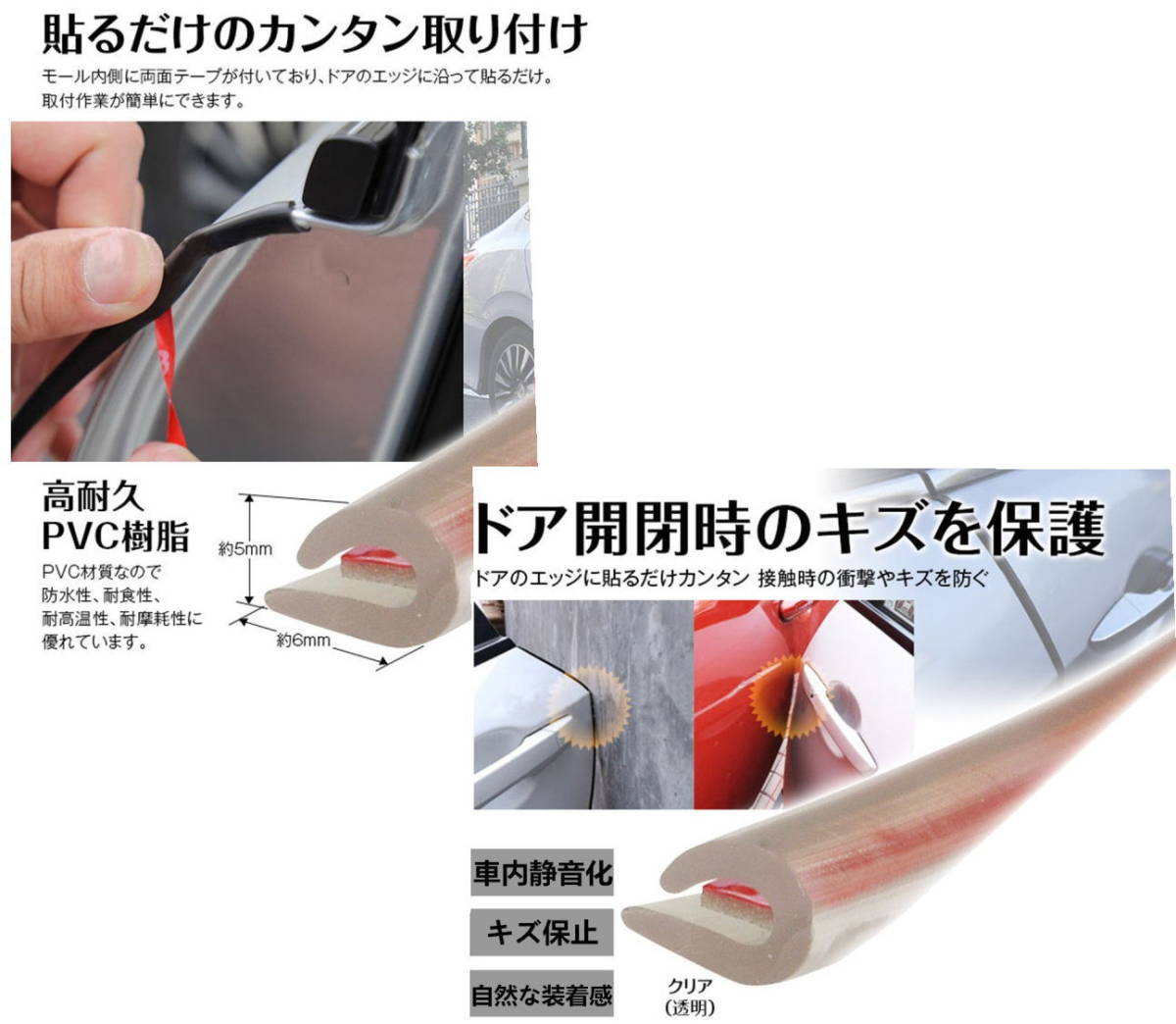 車用ドアモール アエッジモール イプ騒音低減 カー用品8mクリア 両面テープ付き 車ドア傷防止モール 在庫一掃 両面テープ付き