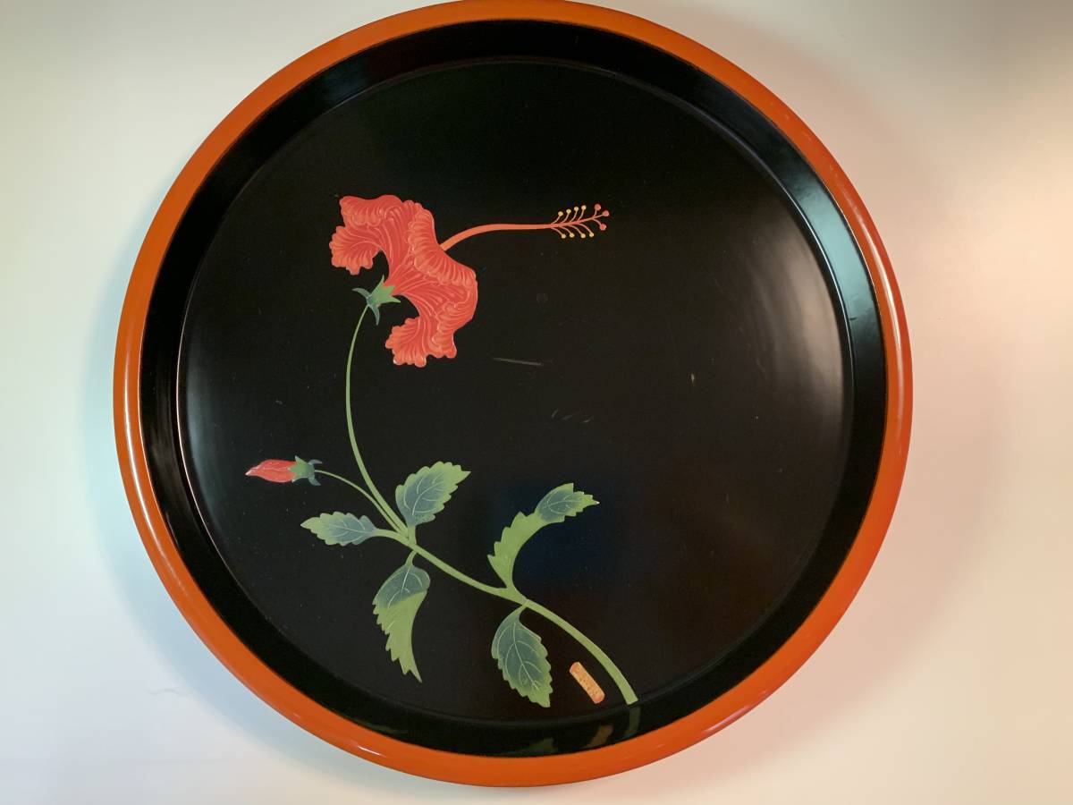丸盆 琉球漆器 ハイビスカス 琉球塗 お盆 茶道具 琉球漆器の
