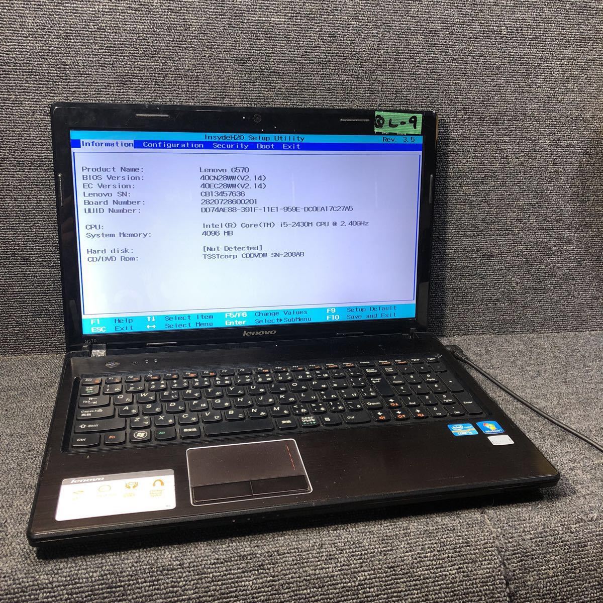 QL-9 激安 ノートPC Lenovo CORE i5 2430M 2.40GHz G570 4334 59322201 BIOS立ち上がり確認済み ジャンク