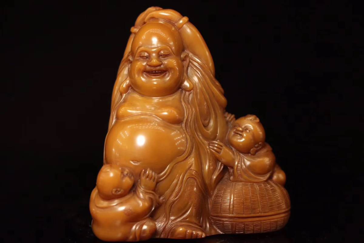 清乾隆時代　和田玉　童子佩　純和田玉彫り　古玉石　白玉　時代物　賞物(F-4) 清時代 唐物 清 乾隆御製 玉彫 多子 紫羅蘭 古黄花梨木 高