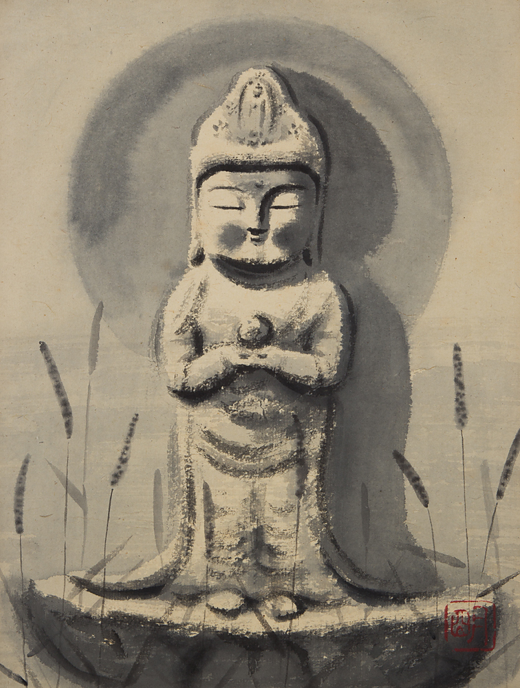 五】穐月明 『野の佛』 紙本 真作 額装 共シール 真筆穐月 明