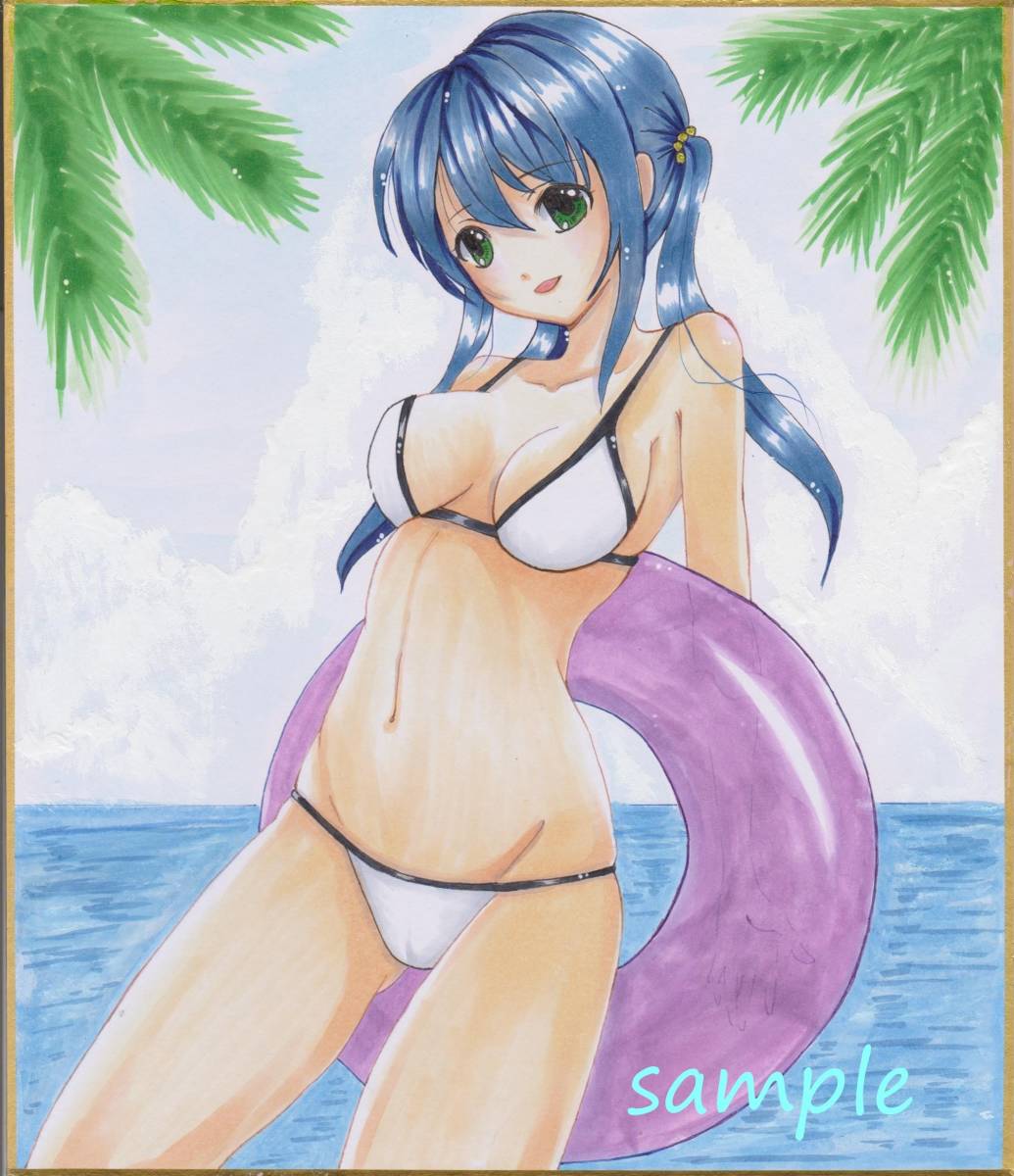手描き イラスト オリジナル 『水着の女の子・海』 中色紙(手描き
