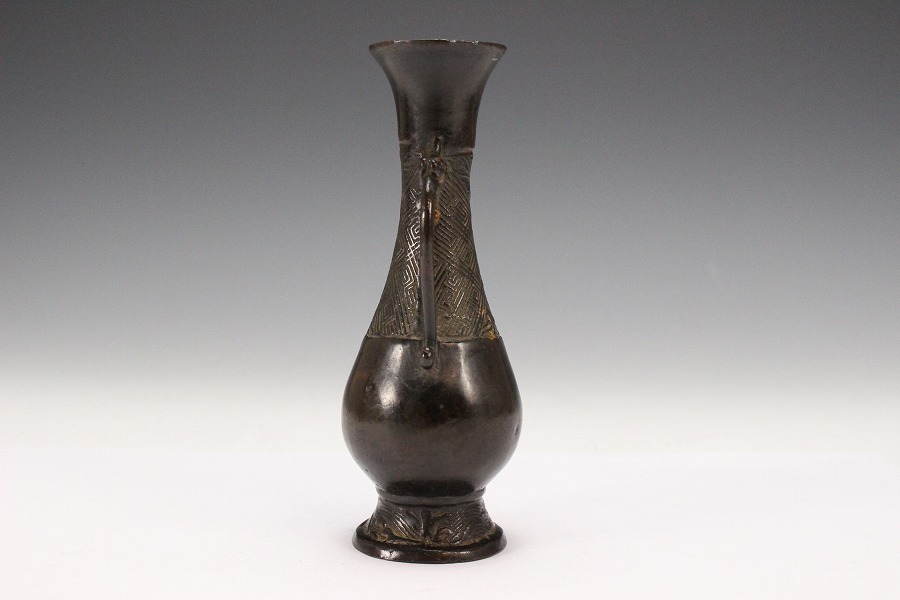 【金閣】唐物 古銅 獣耳 瓶 時代箱 旧家蔵出(B778)