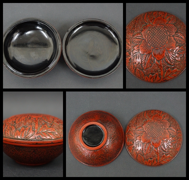 旧家蔵出 【寂】蔵出時代 堆朱 香合 細工彫『花文』/ 茶事 茶道具