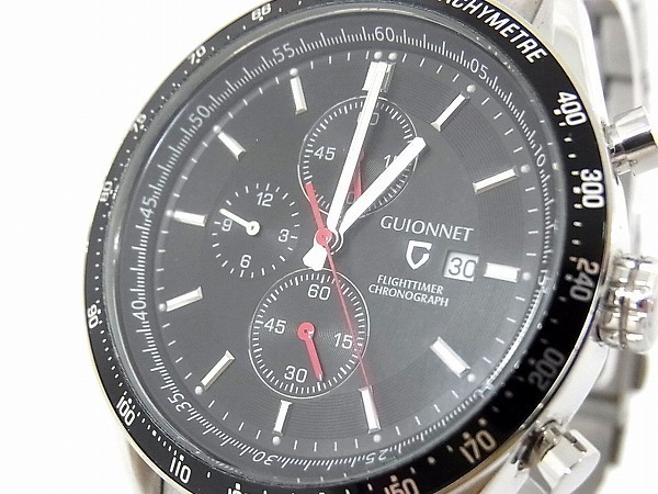1円 ■稼働品■美品■ GUIONNET ギオネ フライトタイマー タキメーター クォーツ 10気圧防水 ギョーシェ模様 腕時計 シルバー C9665DR