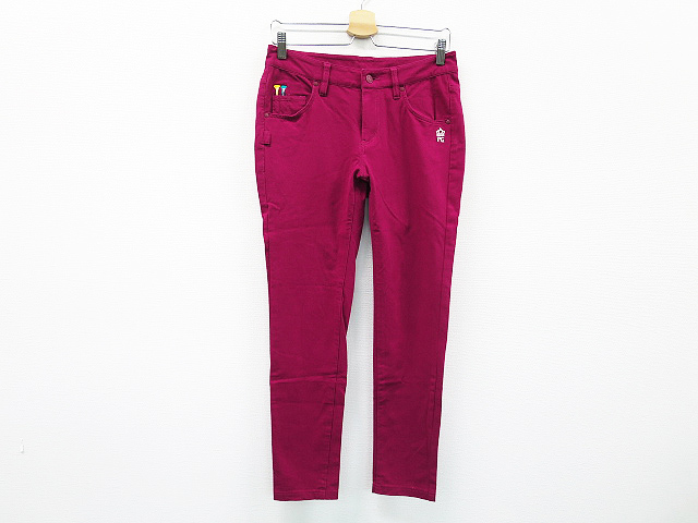 GATES パーリーゲイツ PEARLY レッド系 ストレッチパンツ パンツ ロングパンツ サイズ：0 0 レッド サイズ：4 ゴルフ 蓄熱 中古ゴルフウェア ロゴワッペン付き チェック柄