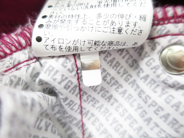 GATES パーリーゲイツ PEARLY レッド系 ストレッチパンツ パンツ ロングパンツ サイズ：0 0 レッド サイズ：4 ゴルフ 蓄熱 中古ゴルフウェア ロゴワッペン付き チェック柄