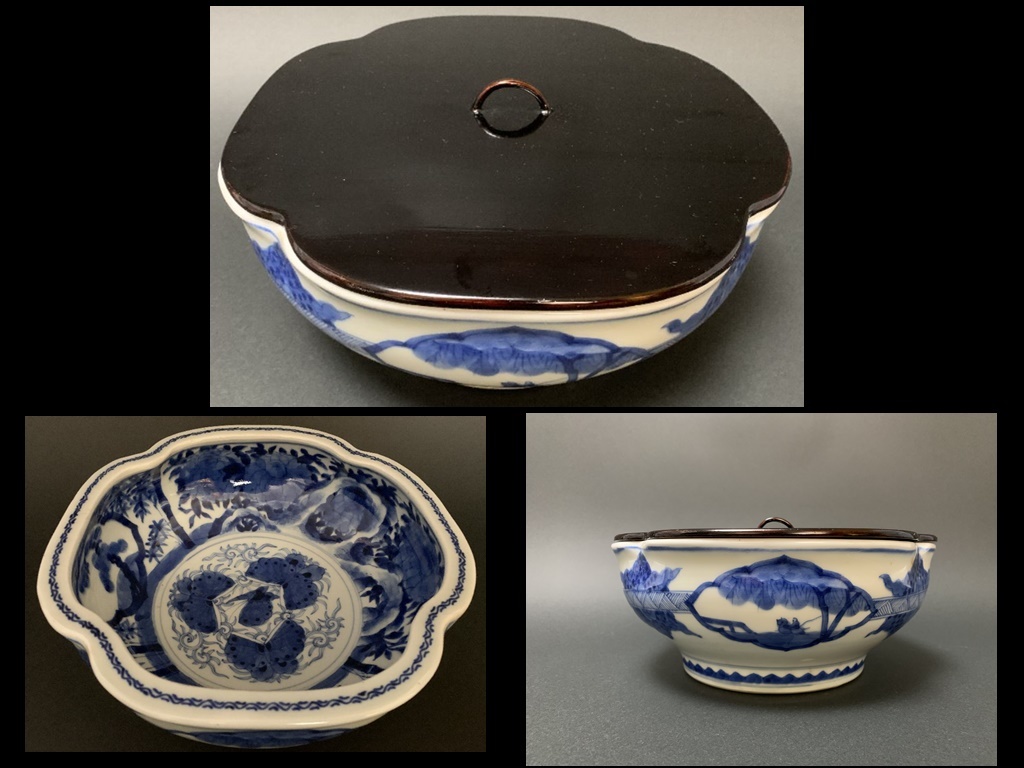 【全国無料，大得価】 芝 茶道具 骨董品 大きな伊万里花蝶図染付鉢水指 木製黒漆蓋付 素敵 ね(染錦)｜売買されたオークション情報、yahooの商品情報をアーカイブ公開 - オークファン 伊万里、有田