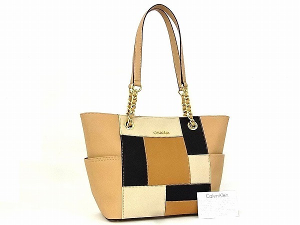 1円 ■新品同様■ CALVIN KLEIN カルバンクライン レザー ショルダーバッグ トートバッグ 肩掛け レディース ベージュ系×ブラック D7702pf