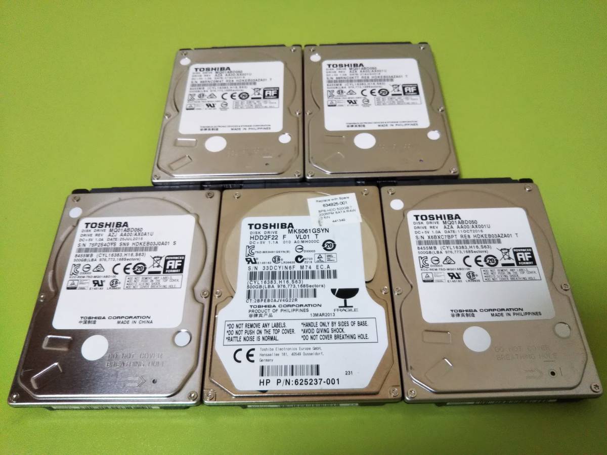 【送料無料】68 TOSHIBA 中古ハードディスク 2.5インチ 500GB SATA 5個セット 動作良品