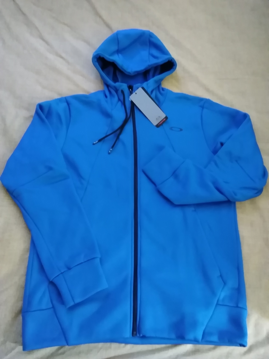 ☆新品未使用品☆OAKLEYオークリー☆裏起毛☆バックビッグロゴ☆フルジップパーカー☆リフレクター☆ブルー青☆USサイズL(日本サイズXL)