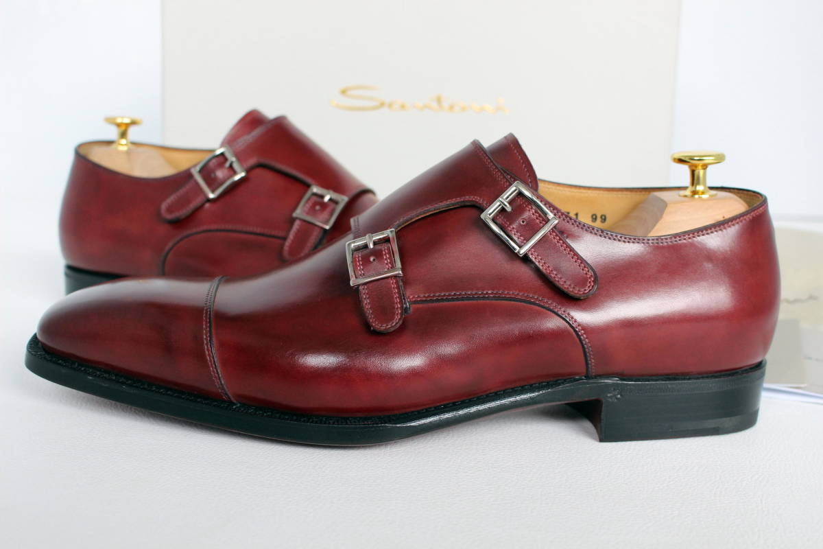 【Santoni サントーニ】イタリア製 芸術的に艶やかなパティーヌ ボルドー シルエット絶品! ストレートチップ Ｗモンクシューズ UK8.5