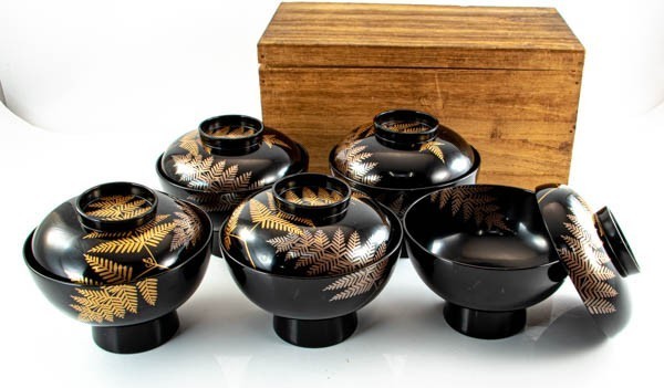 金銀蒔絵 羊歯文 煮物椀 木製地 5客 懐石 和食器 漆器
