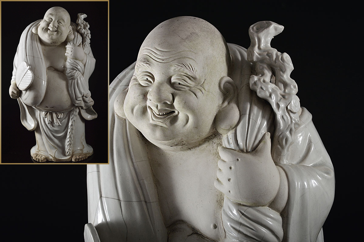 雲】希少 古九谷 白磁特大布袋置物 高さ60.5cm 古美術品（旧家蔵出し