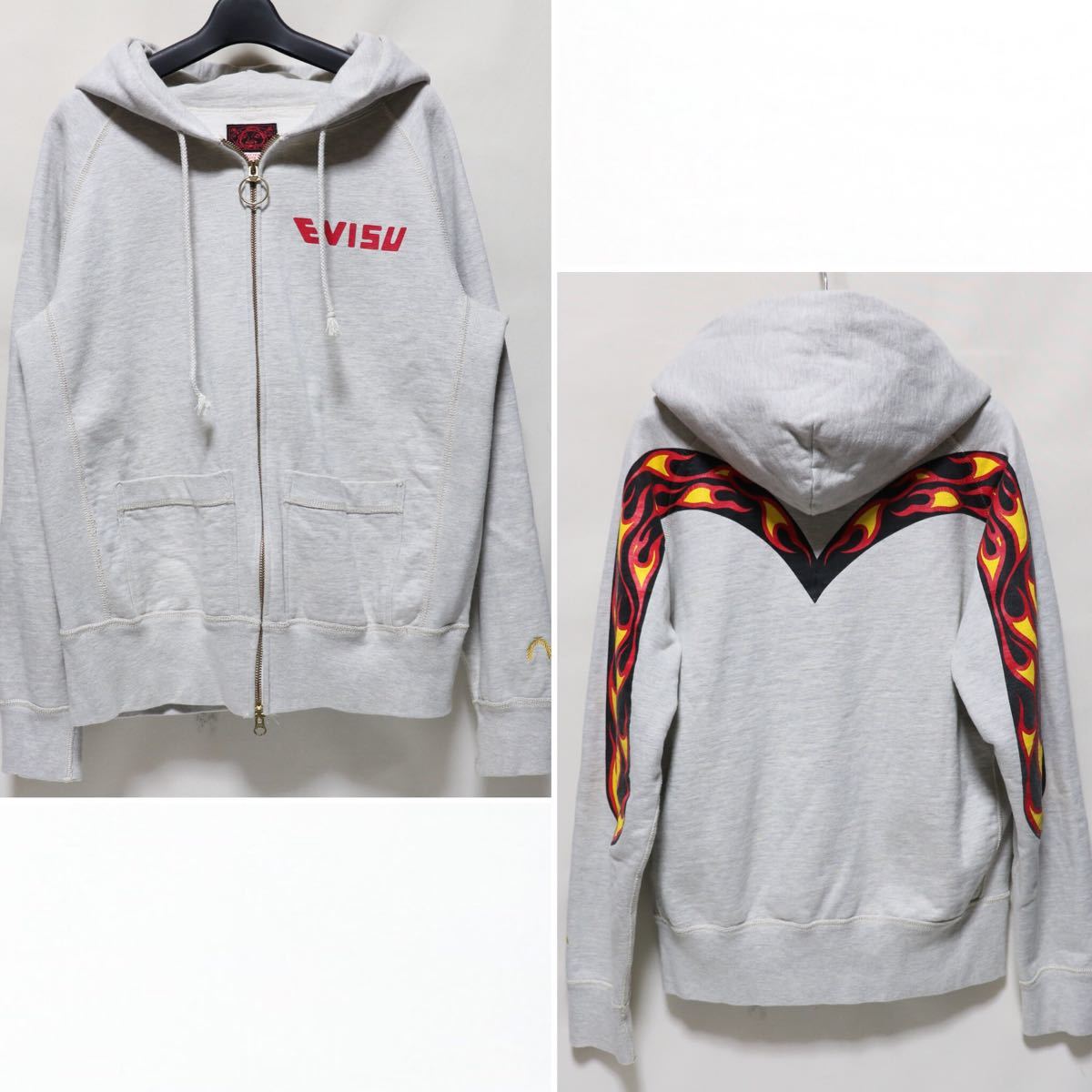 EVISU ジップ パーカー フレイム ファイヤー 希少】evisu/ファイヤー ビッグ ロゴ/ジップ スウェット パーカー