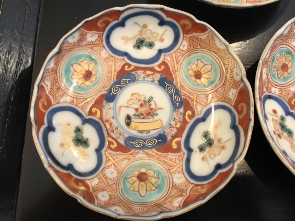 古伊万里 色絵 ◇桔◇古伊万里 5枚 花草文 江戸 皿 色絵付け