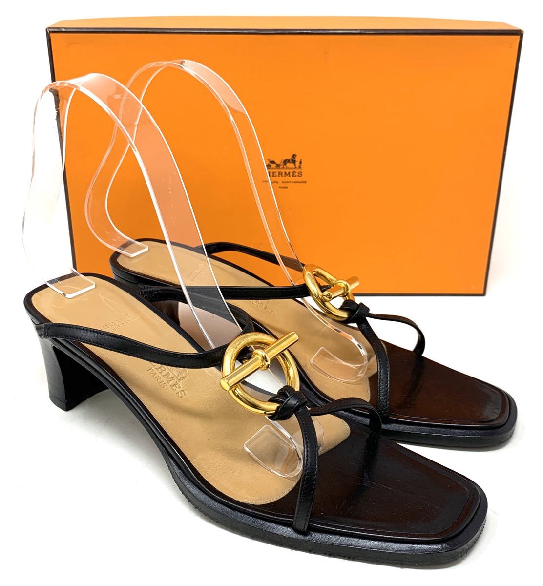 HERMES☆サンダル ブラック ゴールド チャーム レザー 箱 靴