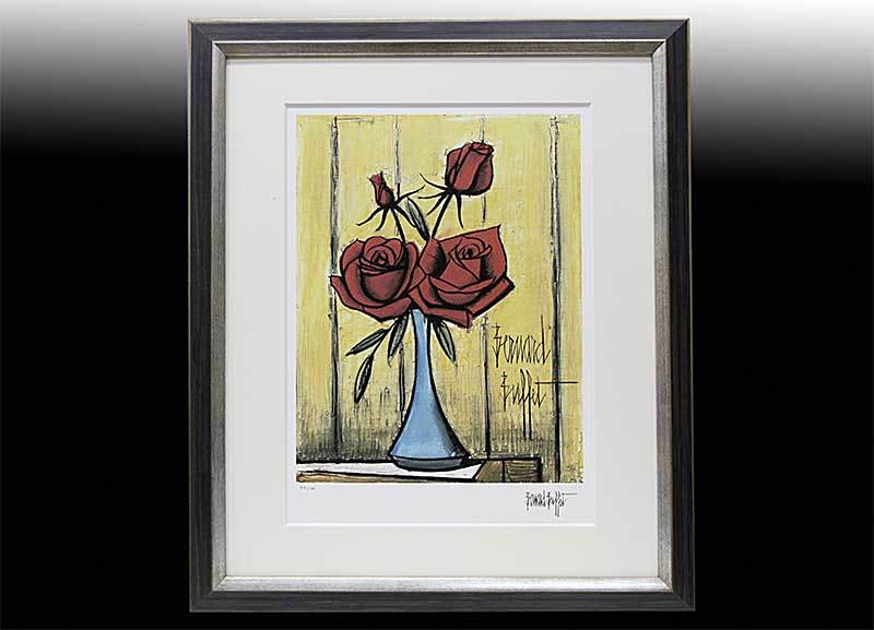 ベルナール・ビュッフェ、【Roses】、希少な額装用画集より、厳選 ベルナール・ビュッフェ「Roses rouge dans un vase bleu 42/100」薔薇
